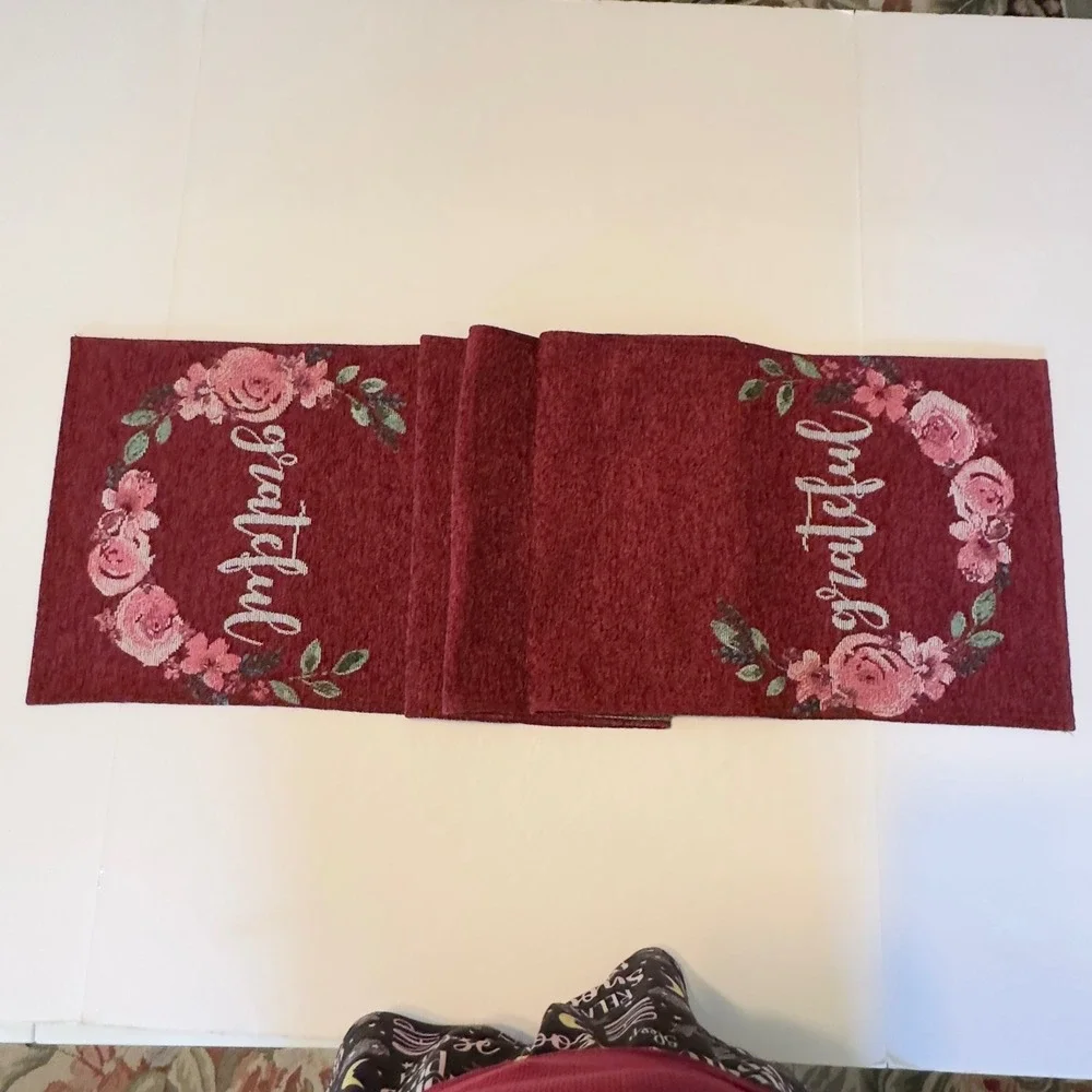 Grateful Floral‎ Tapestry Table Runner Burgundy Wine 70x12.5 Thanksgiving Fall